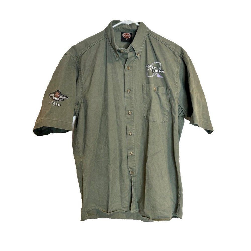 Harley Davidson Staff 1998 Collar Green Button Up Shirt M Made in USA